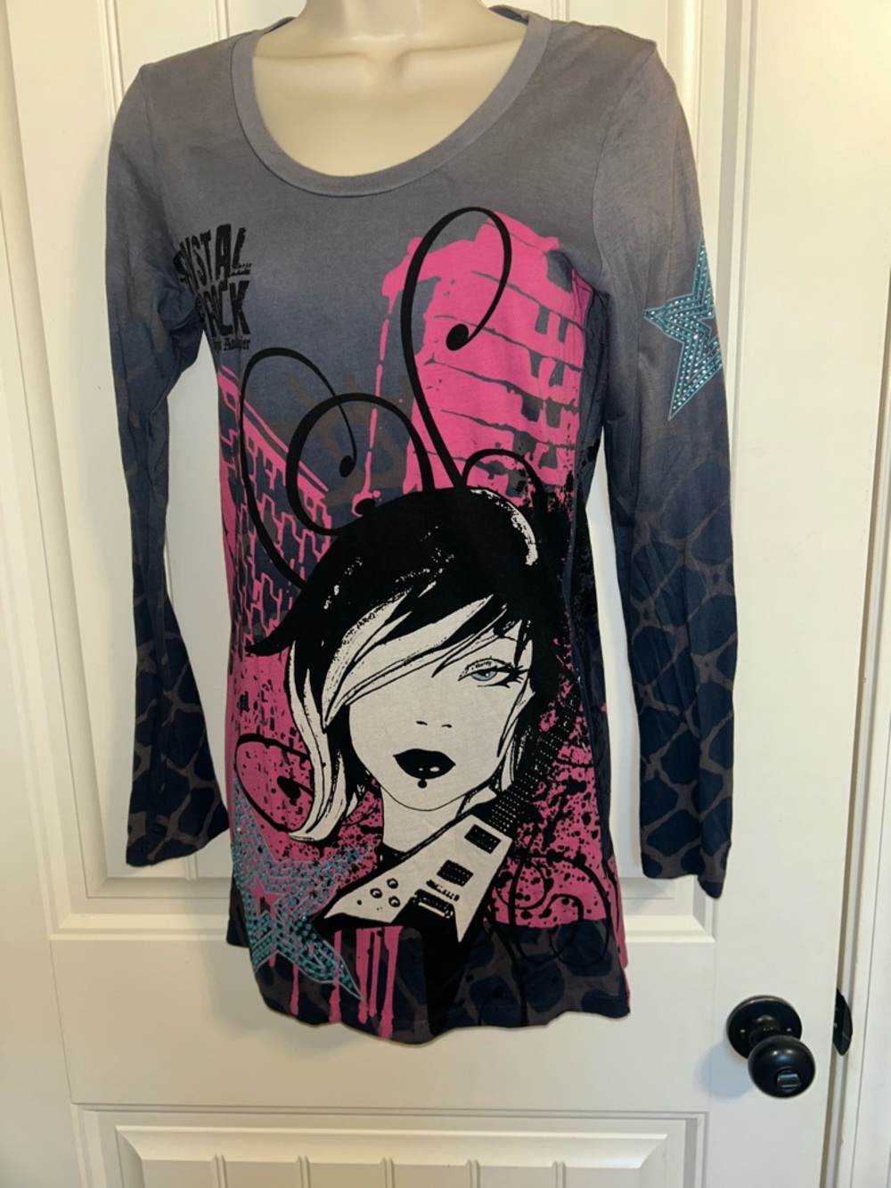 NWT Christian Audigier Crystal Rick Rocker Girl Long Sleeve T-Shirt Sz M